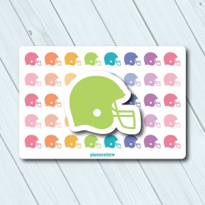 May include: A sheet of football helmet stickers in pink, orange, yellow, green, teal, purple, and blue. A large lime green helmet sticker is centered on the sheet. The text "plannermint" is at the bottom.