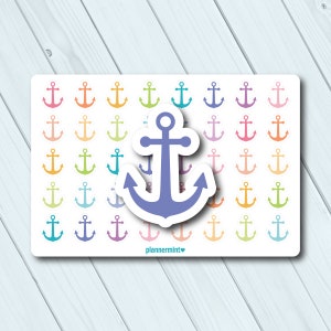 May include: A sheet of colorful anchor stickers in various pastel shades, including pink, orange, green, and blue. A larger, lavender anchor sticker is centered on the sheet. The text "plannermint" is at the bottom.