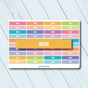 May include: A sticker sheet with colorful rectangular labels, each labeled "WORK." The labels are in various pastel colors, including pink, orange, blue, and purple. A larger, orange label with the word "WORK" is overlaid on the sheet. The brand name "plannermint" is at the bottom.