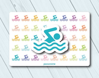 Op de afbeelding: Een vel stickers met een zwemmer-icoon in verschillende kleuren. De hoofdsticker is een turquoise zwemmer in het water, met kleinere versies in roze, oranje, geel, groen, paars en blauw. De tekst "plannermint" staat onderaan.