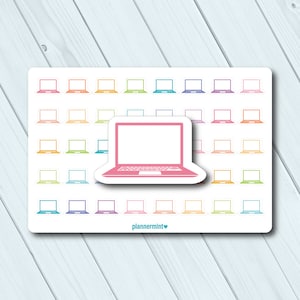 May include: A sticker sheet featuring a repeating pattern of colorful laptop computer illustrations. The laptops are in various colors, including pink, orange, yellow, green, blue, purple, and pink. The text "plannermint" is at the bottom.