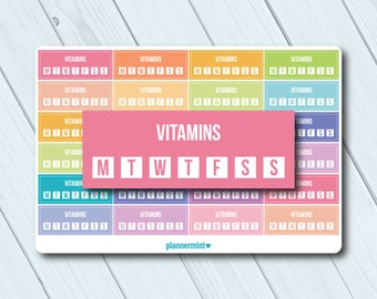 Könnte beinhalten: Ein Stickerbogen mit farbigen Kästchen mit der Aufschrift "VITAMINE" und den Wochentagen, M D M D F S S. Die Kästchen sind in verschiedenen Pastellfarben gehalten, darunter Rosa, Orange, Grün und Blau. Der Text "planner mint" steht unten.