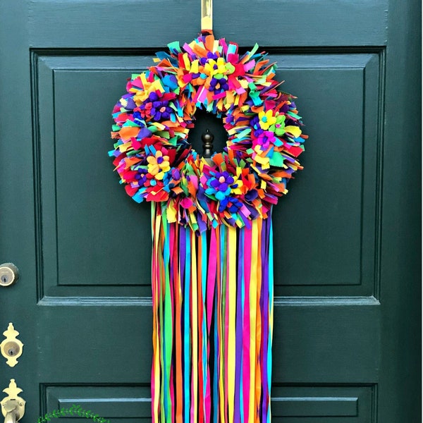 Fiesta Wreath, Rag Wreath, Fabric Wreath, Ribbon Wreath, Front Door Wreath, Housewarming Gift, Birthday Gift, Spring Wreath, Summer Wreath