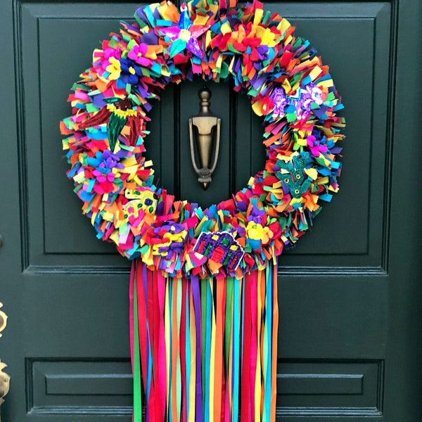Fiesta Wreath, Rag Wreath, Fabric Wreath, Ribbon Wreath, Door Wreath, Housewarming Gift, Mother’s Day Gift, Spring Wreath, Summer Wreath