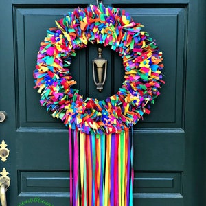 Fiesta Wreath, Rag Wreath, Fabric Wreath, Ribbon Wreath, Door Wreath, Housewarming Gift, Mother’s Day Gift, Birthday Gift, Spring Wreath