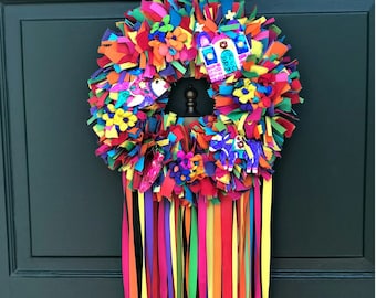 Fiesta Wreath, Rag Wreath, Fabric Wreath, Ribbon Wreath, Front Door Wreath, Housewarming, Mother’s Day Gift, Birthday Gift, Spring Wreath