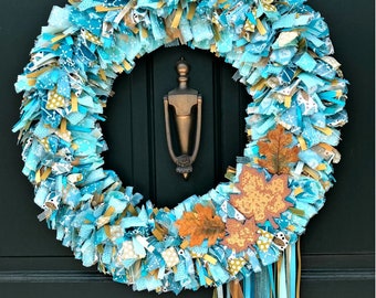 Rag Wreath, Fall Leaves, Autumn Wreath, Fall Wreath, Door Wreath, Indoor Outdoor Wreath, Fabric Wreath, Turquoise, Brown, Fall Décor