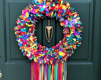 Fiesta Wreath, Rag Wreath, Fabric Wreath, Ribbon Wreath, Door Wreath, Housewarming Gift, Mother’s Day Gift, Spring Wreath, Summer Wreath