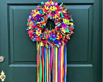 Fiesta Wreath, Rag Wreath, Fabric Wreath, Ribbon Wreath, Front Door Wreath, Housewarming Gift, Birthday Gift, Spring Wreath, Summer Wreath