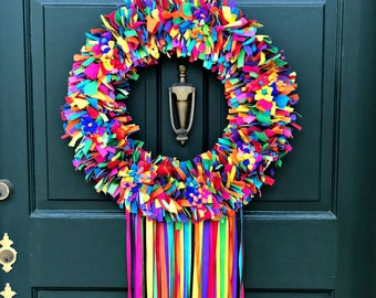 Fiesta Wreath, Rag Wreath, Fabric Wreath, Ribbon Wreath, Door Wreath, Housewarming Gift, Mother’s Day Gift, Birthday Gift, Spring Wreath