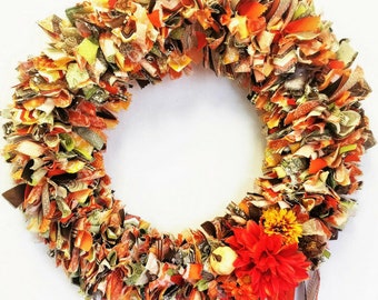 Rag Wreath, Autumn Wreath, Fall Wreath, Decorative Wreath, Front Door Wreath, Fabric Wreath, Handmade Wreath, Brown, Orange, Yellow, Green