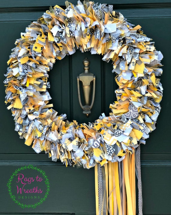 Rag Wreath Bird Wreath Gray Yellow Wreath Decorative Etsy