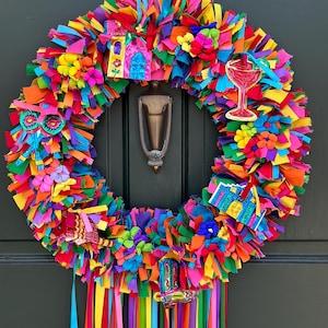 Fiesta Wreath, Rag Wreath, Fabric Wreath, Ribbon Wreath, Door Wreath, Housewarming Gift, Mother’s Day Gift, Birthday Gift, Spring Wreath