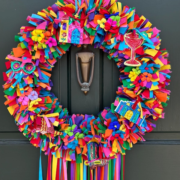Fiesta Wreath, Rag Wreath, Fabric Wreath, Ribbon Wreath, Door Wreath, Housewarming Gift, Mother’s Day Gift, Birthday Gift, Spring Wreath