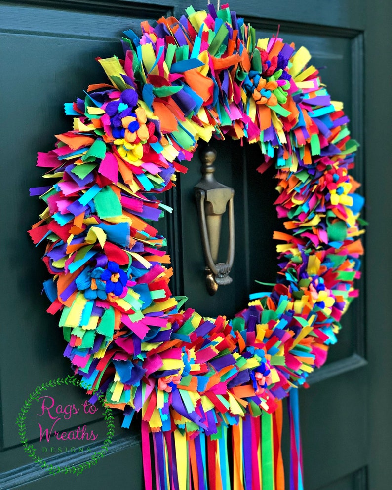 Fiesta Wreath, Rag Wreath, Fabric Wreath, Ribbon Wreath, Door Wreath, Housewarming Gift, Mothers Day Gift, Birthday Gift, Spring Wreath image 7