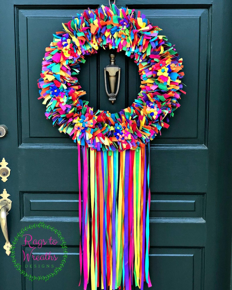 Fiesta Wreath, Rag Wreath, Fabric Wreath, Ribbon Wreath, Door Wreath, Housewarming Gift, Mothers Day Gift, Birthday Gift, Spring Wreath image 1