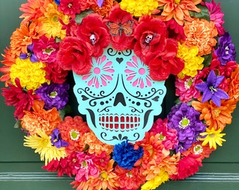 Dias De Los Muertos Wreath, Halloween Wreath, Fun Wreath, Fiesta Wreath, Colorful Wreath