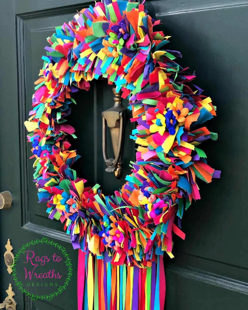 Fiesta Wreath, Rag Wreath, Fabric Wreath, Ribbon Wreath, Door Wreath, Housewarming Gift, Mothers Day Gift, Birthday Gift, Spring Wreath image 6