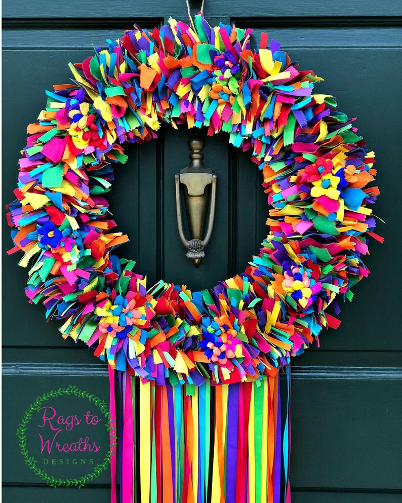 Fiesta Wreath, Rag Wreath, Fabric Wreath, Ribbon Wreath, Door Wreath, Housewarming Gift, Mothers Day Gift, Birthday Gift, Spring Wreath image 2