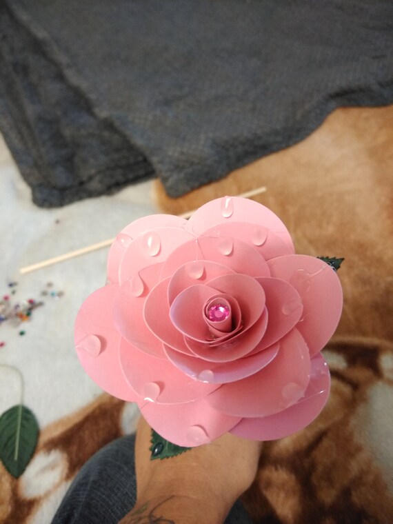 pink rose with raindrops paper flower pencil topper