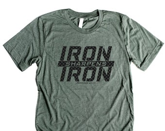 Mens Christian Shirts Dad Birthday Gifts for Men Christian T Shirt Iron Sharpens Iron Bible Verse Shirt Jesus Shirt