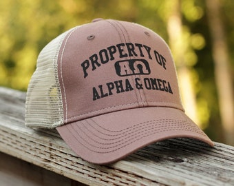 Property of Alpha and Omega Christian Trucker Hat for Men Structured Mesh Back Hat Christian Baseball Cap Brown Trucker Hat Men