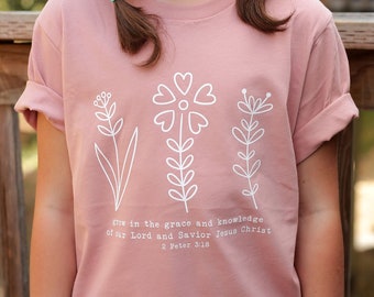 Girls Grow in Grace Floral Shirt Christian Shirts Kids Bible Verse T Shirt Jesus Tshirts Wildflower Tee Tween Botanical Tee Faith T-shirt