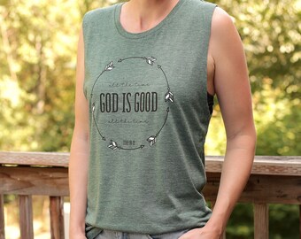 God Is Good Christian Muscle Tank Arrow Tank Top Bible Verse Tank Women Christian Workout Tank Luke 18:19 Christian Tank Top