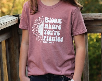 Girls Sunflower Shirt Christian Shirts Kids Bloom Where You're Planted Philippians 4 Bible Verse T Shirt Jesus Tshirts Tween Faith T-shirt