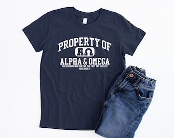 Boys Property of Alpha & Omega Shirt Christian Shirts for Kids Youth Christian T Shirt Bible Verse Tee Jesus Tshirt Christian Kids Shirt