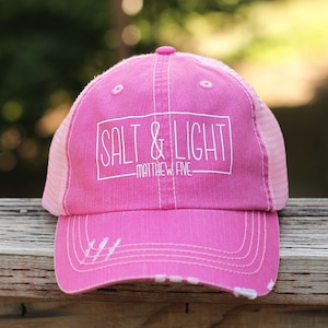 Salt & Light Distressed Trucker Hat for Women Unstructured Denim Baseball Cap Pink Ladies Mesh Hat Christian Hats for Teen Girls