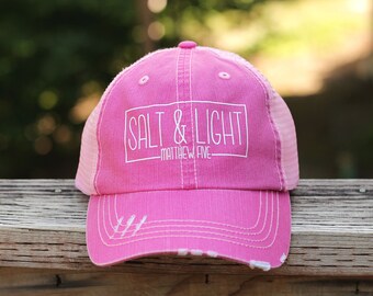 Salt & Light Distressed Trucker Hat for Women Unstructured Denim Baseball Cap Pink Ladies Mesh Hat Christian Hats for Teen Girls