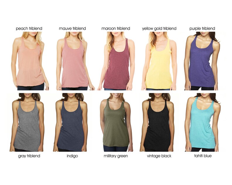 May include: Ten different colors of tank tops, including peach, mauve, maroon, yellow gold, purple, gray, indigo, military green, vintage black, and tahiti blue.
