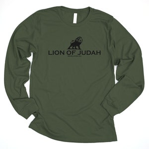 May include: A green long-sleeved t-shirt with a black lion graphic and the text "Lion of Judah" and "Revelation 5:5".