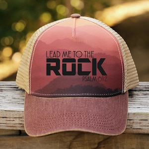 Lead Me to the Rock Psalm 61:2 on a Trucker Hat with a Mountain Sunset for Men and Women, Mesh Back with Snapback Closure