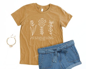 Girls Grow in Grace Floral Shirt Christian Shirts Kids Bible Verse T Shirt Jesus Tshirts Wildflower Tee Tween Botanical Tee Faith T-shirt