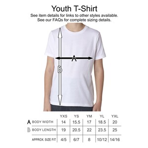 May include: A white youth t-shirt with measurements for body width and length in inches. The size chart shows sizes from YXS to YXL with corresponding body width and length measurements. The chart also shows approximate size fit from 4/5 to 14/16.