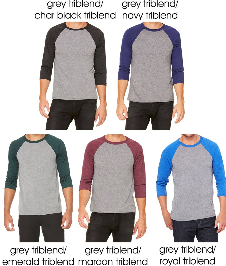 May include: Six different color variations of a grey triblend baseball t-shirt. The shirts feature a grey body with a contrasting color on the sleeves. The colors are: char black, navy, emerald, maroon, and royal.