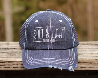 Salt & Light Distressed Trucker Hat for Men Unstructured Denim Baseball Cap Mesh Hat Christian Hats for Women