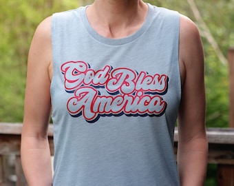 God Bless America muscle tank for women, 4th of July tank top in USA red, white, blue patriotic colors, Christian muscle shirt for teen girl