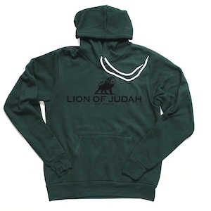 May include: A dark green hooded sweatshirt with a black lion graphic and the text "Lion of Judah Revelation 5:5".