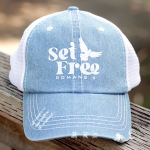 Set Free Dove Distressed Trucker Hat for Women Unstructured Denim Baseball Cap Ladies Mesh Hat Christian Hats for Teen Girls