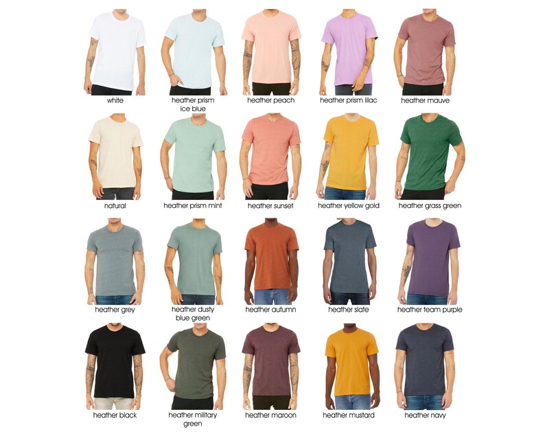 K&ouml;nnte beinhalten: Eine Collage aus 15 verschiedenen T-Shirts in unterschiedlichen Farben, jedes mit einer anderen Farbe und einem anderen Namen. Die Farben umfassen Wei&szlig;, Eisblau, Pfirsich, Flieder, Mauve, Natur, Minze, Sonnenuntergang, Goldgelb, Grasgr&uuml;n, Grau, staubiges Blaugr&uuml;n, Herbst, Schiefer, Teamviolett, Schwarz, Milit&auml;rgr&uuml;n, Rotbraun, Senf und Marineblau.