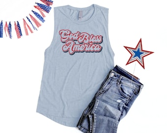 God Bless America Muscle Tank for Women 4th of July Tank Top Red White and Blue Christian Patriotic Muscle Shirt