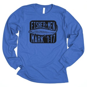 Fisher of Men Long Sleeve Christian Shirt featuring Mark 1:17 Bible Verse for Men and Teenage Boys