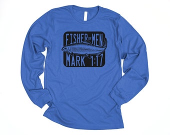 Fisher of Men Long Sleeve Christian Shirt featuring Mark 1:17 Bible Verse for Men and Teenage Boys