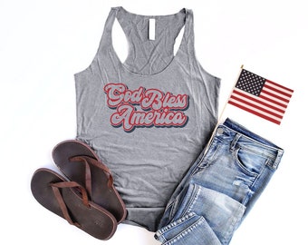 God Bless America Tank Top for Women 4th of July Tank Red White and Blue Christian Patriotic Racerback Tank Top