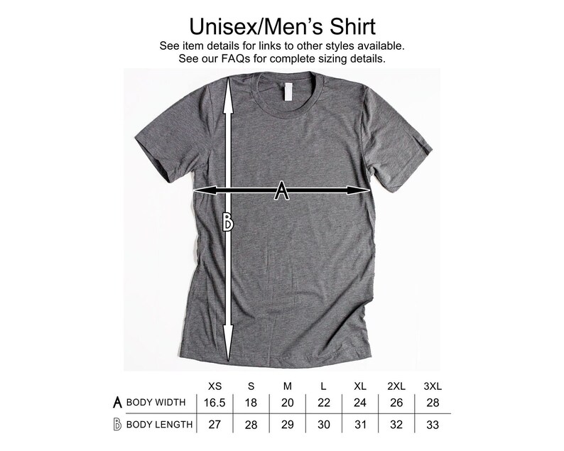 May include: A size chart for a unisex shirt showing the body width and length in inches for sizes XS to 3XL.