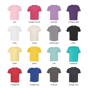 May include: A selection of 16 t-shirts in various colors, including pink, white, natural, heather gray, black, butter, yellow, chill, caribbean, vintage red, vintage royal, charcoal, and vintage navy.