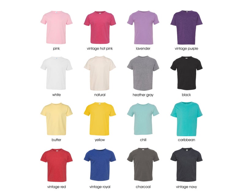 May include: A selection of 16 t-shirts in various colors, including pink, white, natural, heather gray, black, butter, yellow, chill, caribbean, vintage red, vintage royal, charcoal, and vintage navy.